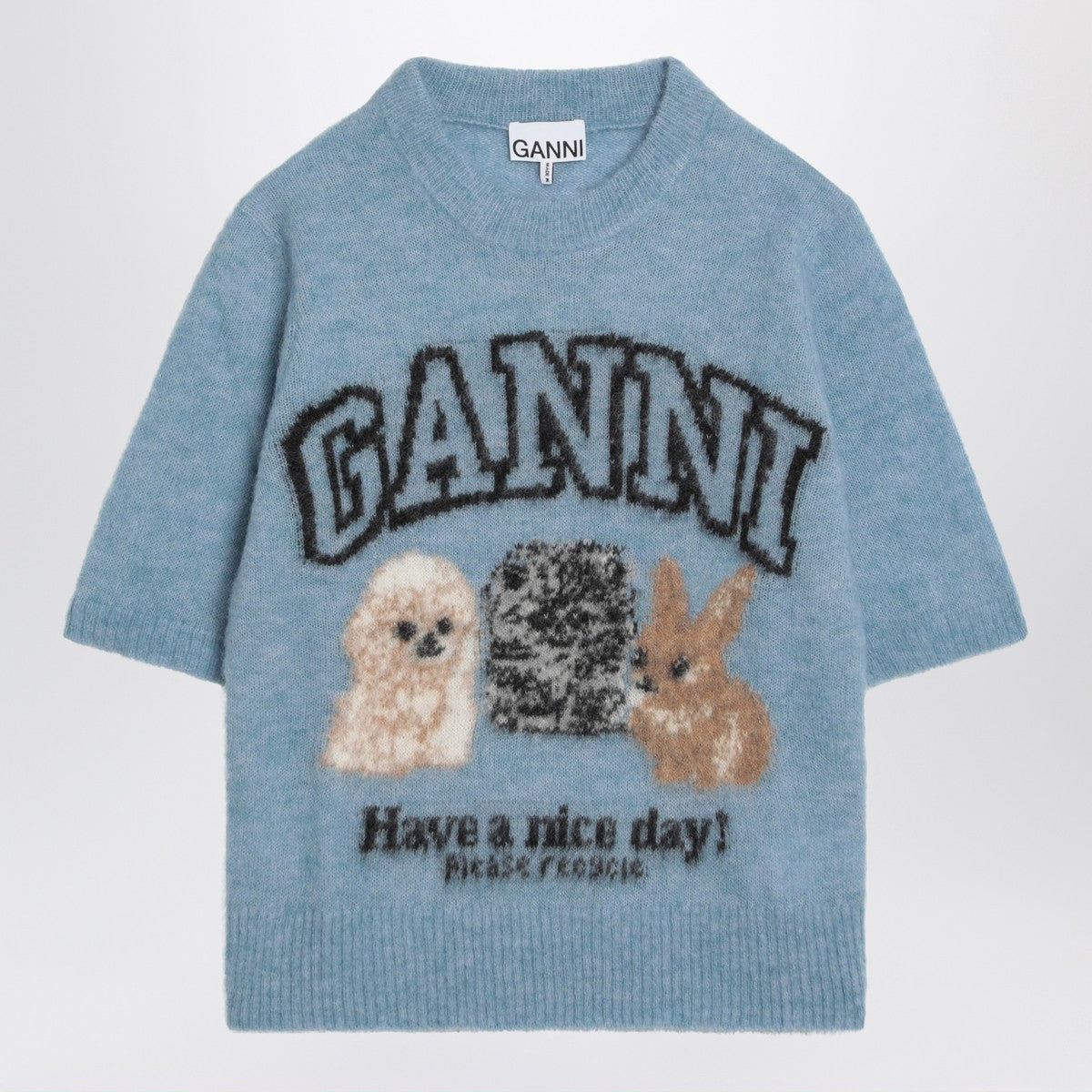 GANNI Light blue sweater with alpaca blend logo